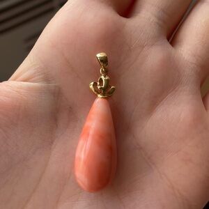 Pink Coral Teardrop Pendant Gold-Tone Bail Vintage Style